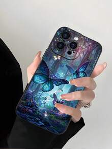 Modischer, beliebter, personalisierter, magischer Schmetterling & verzauberter Wald Muster Design Luxus stoßfester ästhetischer süßer Handyhülle, Linsenschutz, kompatibel mit iPhone 17/17Pro/17Pro Max, 16, 15, 14, 13, 12, 11 Plus/Pro Max und Serie, sowie kompatibel mit Galaxy S/A Serie, Geschenk für Ostern, Weihnachten, Halloween Dekoration/Geburtstags-Geschenk für Freundin, Freund oder sich selbst. - Schwarz - Übersicht 3