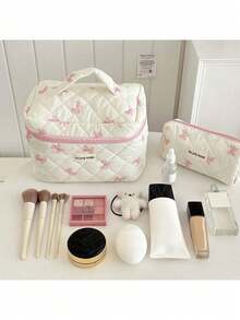 1pc Bow Knot Makeup Bag, Large Capacity Handheld Makeup Organizer, Quilted Minimalist Style, Multi-Functional Cosmetic Bag, Toiletry Bag, Elegant Travel Makeup Bag, Beauty Tool Storage Makeup Bag, Gift Bag, Women Gift, Travel Bag, Travel Essential, Summer Mother Daughter - Pink - View 8