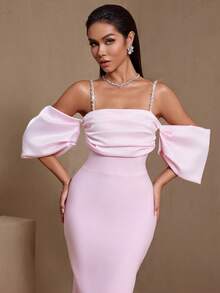 Women's Pink Fitted Maxi Dress, Cold-Shoulder Sleeves, Draped Design, Embellished With Rhinestone Straps, Knit Medium Stretch Fabric, Suitable For Party Wear Wedding Spring - Pink - View 6