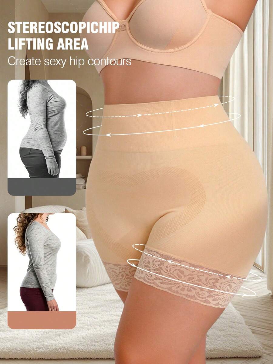 1pc Plus Size Shapewear Bottom, High Waist Tummy Control Slimming Pants With Boned Hem And Lace Body Shaping - Apricot - View 1
