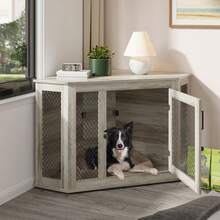 52-Inch Corner Dog Crate Furniture - Wooden Pet Kennel With Mesh, Space-Saving Design For Small/Medium/Large Dogs - Grey (27.6 Inches Long X 52.0 Inches Wide X 29.1 Inches High) - View 7