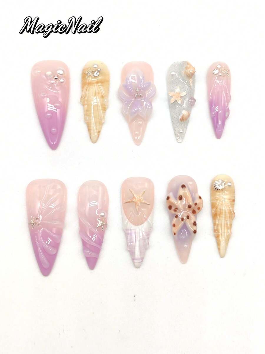 10 Móng giả dán thủ công, dài 33mm, mỏng, kiểu móng cao gót, màu hồng, tím chuyển sắc, trắng, vàng, hoa nổi 3D, họa tiết vỏ sò, sò điệp, hoa, sao biển vàng, đường kẻ nổi 3D. Móng giả cá tính dễ thương, móng nhọn. Thích hợp cho các hoạt động hàng ngày, nghỉ dưỡng, tiệc tùng, liên hoan, biểu diễn và các hoạt động khác. Dụng cụ làm móng - Nhiều màu - Xem 1