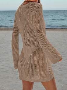 Women's Solid Color Sexy Knitted Beach Cover-Up Hollow See-Through Long Sleeve Mini Dress With Metal Ring Design, Spring/Summer - Khaki - View 5