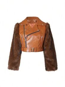 Women's Fashion Faux Fur Crocodile Print Jacket Collar Design Waist Belt Detail Zipper Closure - Lạc đà G0772 - Xem 4