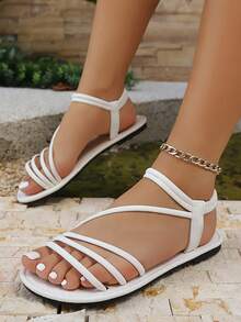 Sandalias planas de verano retro, minimalistas, ligeras, cómodas y de unicolor con punta abierta para mujer - Blanco - Ver 5