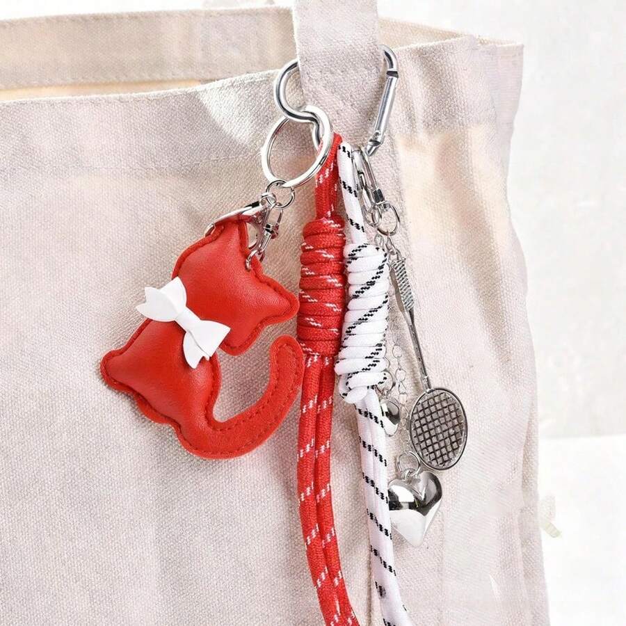 Cat Badminton Racket Keychain Creative Heart Rope Decorated Key Ring Car Pendant Bags Charms