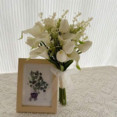 Ramo de flores artificiales de tulipán blanco y lirio de Cala, utilería fotográfica, ramo de dama de honor para boda, ramo nupcial, boda, ceremonia, aniversario, decoración del hogar de primavera, centro de mesa, decoración de mesa de fiesta, decoración navideña, regalo de Pascua, cumpleaños, graduación