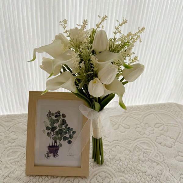 White Tulip And Calla Lily Artificial Flower Bouquet, Photography Prop, Bridesmaid Bouquet For Wedding, Bridal Bouquet, Wedding, Ceremony, Anniversary, Spring Home Decor, Centerpiece, Party Table Decor, Holiday Decoration, Easter Gift, Birthday, Graduation