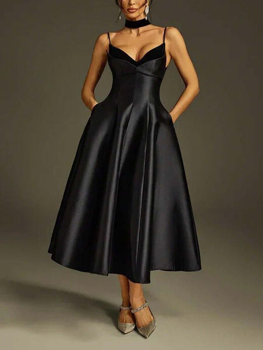 Nuevo vestido de mujer de moda negro sexy sin mangas con cuello en V y espalda descubierta, plisado hasta la rodilla, vestido ajustado elegante para dama de honor de boda, fiesta de cumpleaños, evento formal, gala, graduación y baile de promoción - Negro - Ver 1