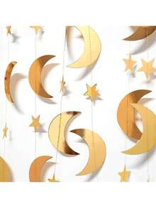 伊斯兰斋月和开斋节家居装饰 - 纸质花环，带图案，穆斯林宗教派对悬挂装饰，新月星花环，斋月礼物和伊斯兰节日装饰 - 金色 - 查看 8