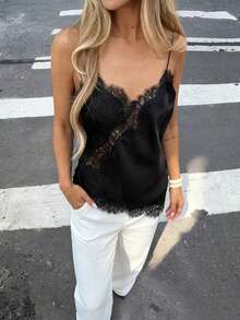 Women's Casual Soft Silky Lace Hollow Asymmetric Hem Fitted Camisole Top, Spring/Summer - Black - View 4