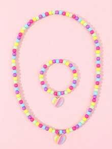 女孩可爱爱心项链和手链套装，彩色珠子吊坠首饰，儿童生日派对礼物 - 均碼 - 查看 8
