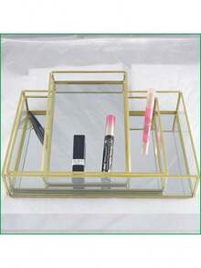 金色金属边框矩形玻璃托盘，简约铁艺储物盘，适用于客厅、餐厅、浴室、化妆品和珠宝 - 金色 - 查看 10