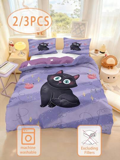 2/3PCS Black Cat Night Talk - Purple Starry Sky Bedding Set ,100% Polyester,1AB Double-Sided Duvet + 2 Single-Sided Pillowcases(No Filling Material) | Machine - Washable For Cozy Kids' Nights Boys Children Teens Girls Student Dormitories, Children's Rooms, Bedrooms Twin Full Size King Queen Duvet Cover (No Comforter) Size 90 * 200/135 * 200/140 * 210 Comes With One Pillowcase (Excluding Padding)