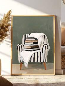 1件装舒适阅读角墙饰，椅子上堆放着一摞书，中性美学装饰，爱书之人墙饰，头顶书本的女子图案，文学装饰，阅读灵感艺术品，复古卧室艺术画，客厅装饰，办公室装饰，教室装饰，墙饰，家居装饰，房间装饰，帆布墙饰，海报，带框墙饰，可选画框 - 彩色 - 查看 6