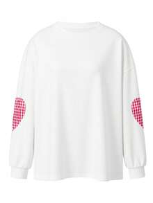 Womens Sweatshirt Long Sleeve Crew Neck Heart Embroidery Casual Loose Fit Pullover Tops - White - View 1