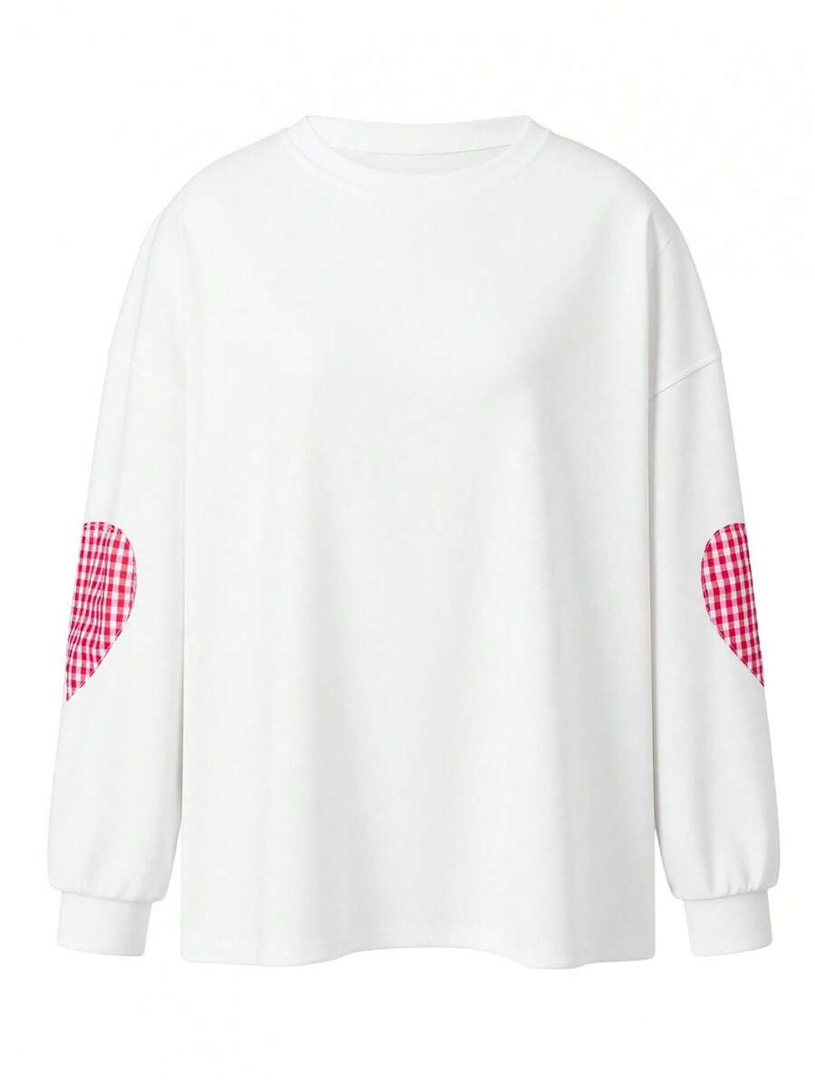Womens Sweatshirt Long Sleeve Crew Neck Heart Embroidery Casual Loose Fit Pullover Tops - White - View 1