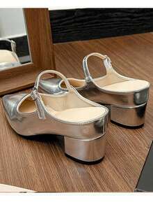 女士粗跟尖头银色套脚凉鞋，中跟夏季新款户外无后跟拖鞋，时尚百搭优雅穆勒鞋 - 銀色 - 查看 4