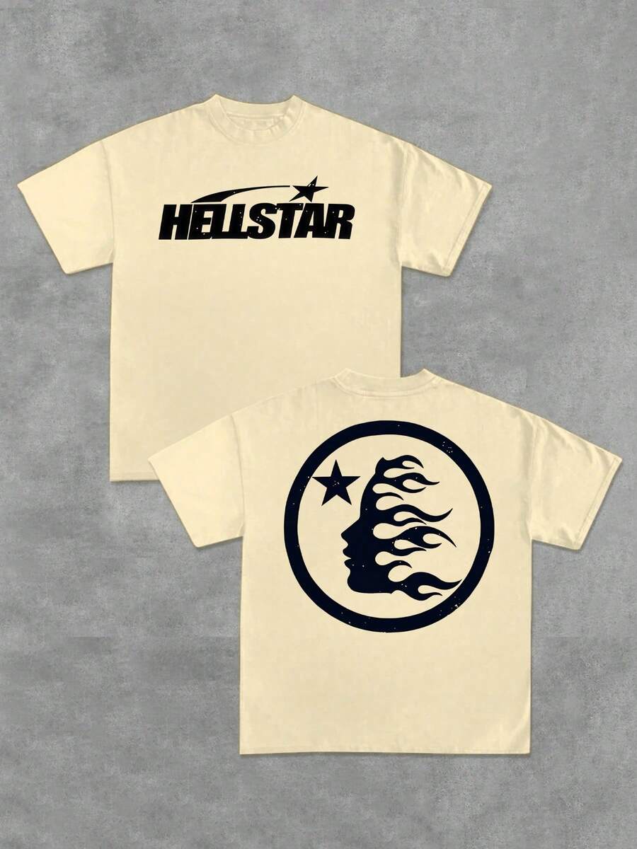 1Pcs Y2K Swag Star And Flame Men's 220G Casual T Shirt Streetwear Style 100% Cotton Men Clothes  Double Sided Graphic Printed T Shirt Burning Head Silhouette Tee - 杏色 - 查看 1