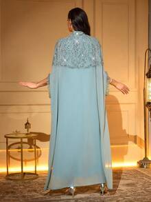 Elegant Long Abaya With Beaded Embroidery And Applique Decor, Keyhole Neckline, Batwing Sleeves, Woven Fabric - Mint Green - View 2