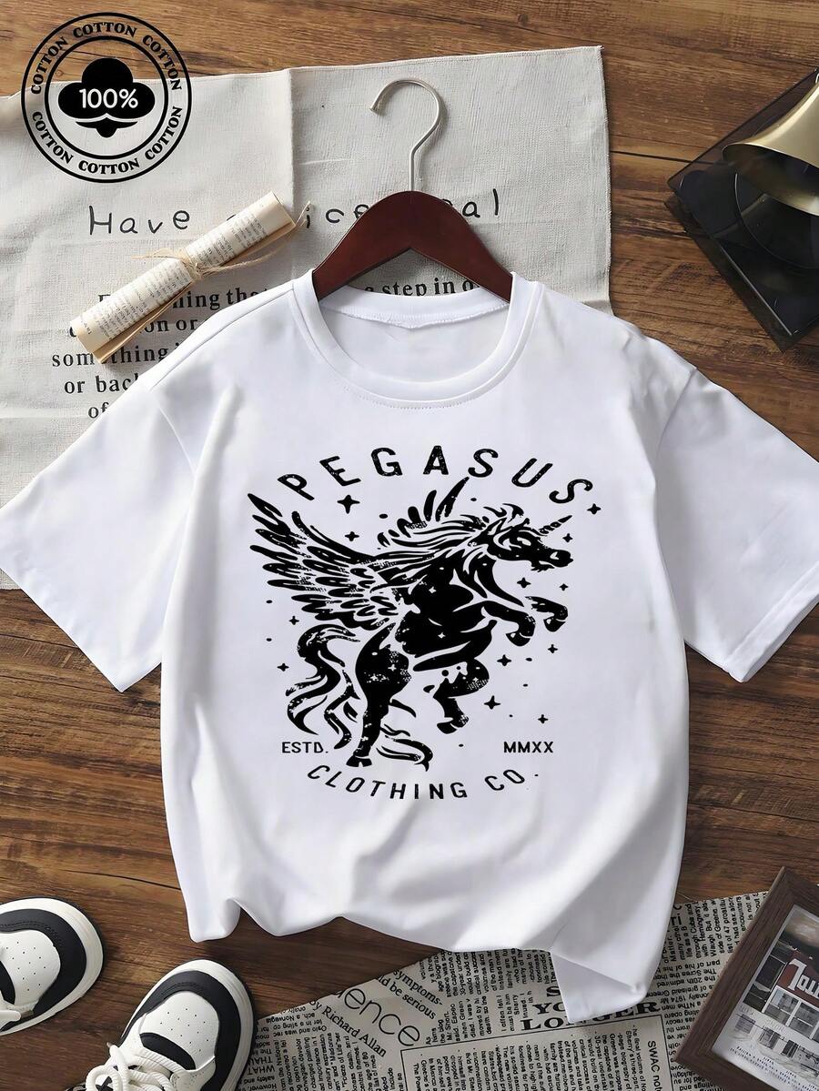 Tricou damă cu mânecă scurtă și imprimeu grafic vintage, croială lejeră, guler rotund, pentru vară, ținută de zi cu zi, confortabilă, topuri de bază - Negru - Vizualizare 1
