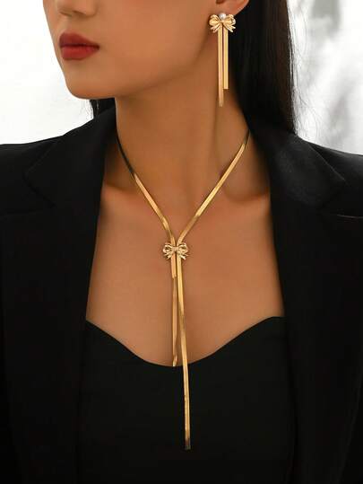 Set de 3 piezas de collar en Y con cadena de lazo y hueso de serpiente + aretes con lazo y borla de perlas falsas, accesorios de joyería elegantes y de moda para mujer, adecuados para uso diario, regalos, casual y vacaciones