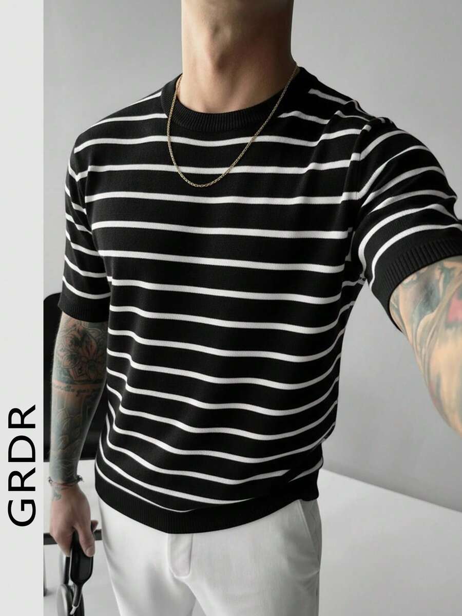 GRDR Men's Basic Striped Crew Neck Short Sleeve Knit Sweater, Spring/Summer - Black - View 1