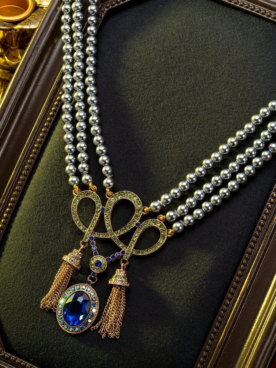 复古几何流苏设计，精致小众时尚高端珠宝多层项链，铜合金底座，宝石点缀，适合作为情人节和母亲节的高端礼物，也适合日常佩戴、派对和宴会等场合。 - 彩色 - 查看 1