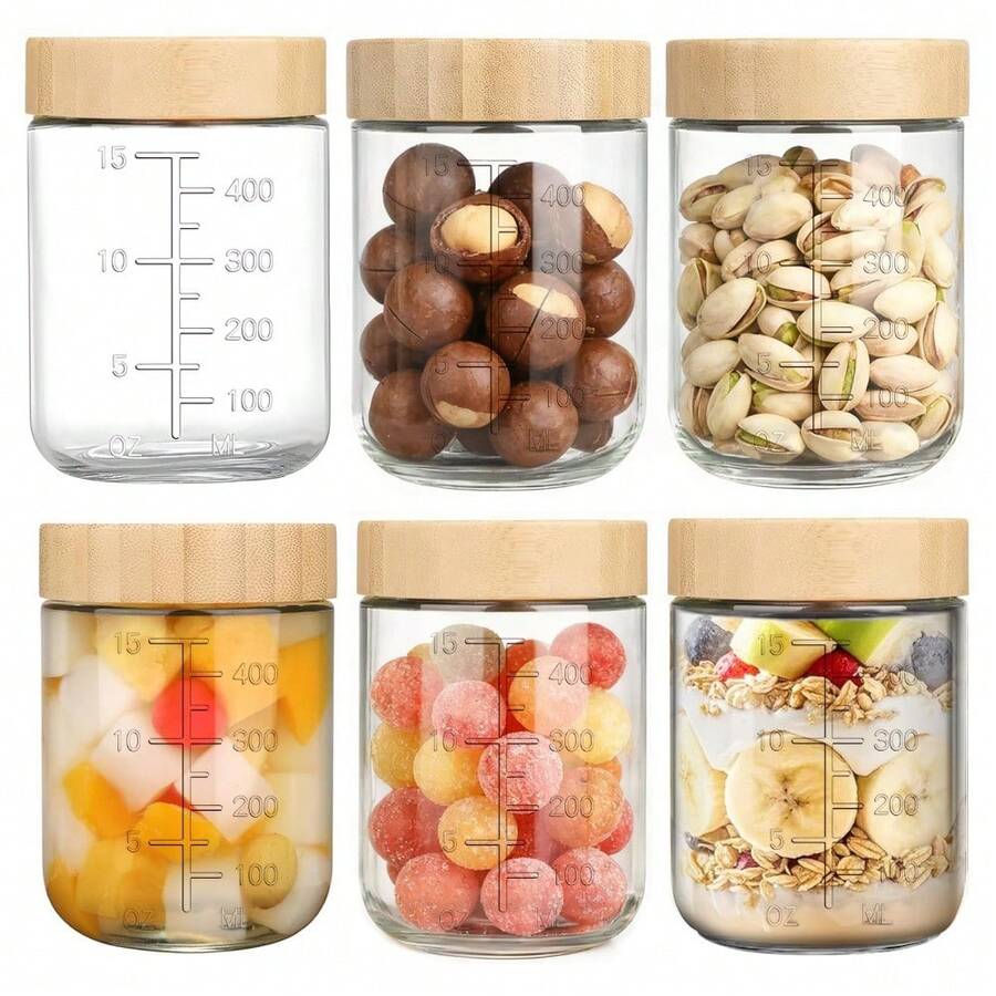 CYPNSet de 6 Frascos de Vidrio Graduada 17 Oz Tarros de Vidrio con Tapa de Bambú Hermética Recipientes de Avena Boca Ancha Recipientes para Cafe y Azucar Oats Ensalada Yogur Mermelada Tuerca 17ozFashion - 222561442 - Ver 1