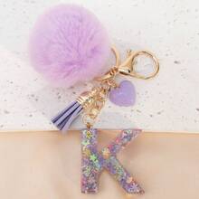 Móc khóa chữ cái A-Z bằng nhựa đính kim sa hình quả cầu len dễ thương, phụ kiện ví & túi xách, đồ trang trí treo balo, mặt dây chuyền xe hơi, quà tặng cho bé gái. - Màu tím hoa cà - Xem 9