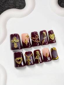 10pcs Vintage Luxury Gel Nail Art Set, Acrylic Press-On Nails, Retro Asymmetrical Rose, Hollow Heart Nail Decor, Golden Cross, Starry, Chain Design, Mini Golden Rhinestone Decoration, Golden Framed Nail Decor Nail Supplies Handmade Press On Nails - Multicolor - View 13