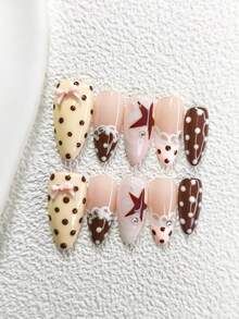 10片可爱美甲贴纸套装，蕾丝法式美甲，亚克力美甲套装，蝴蝶结、星星、漩涡、波点图案，马卡龙色假指甲，包含指甲锉，3种形状：杏仁形、鸭嘴形、棺材形，适合通勤、秋冬季、生日、派对、日常佩戴，甜美女孩美甲用品，手工制作的按压式美甲贴片 - 彩色 - 查看 3