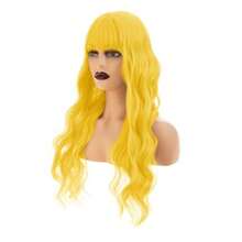 DWomens Long Curly Wavy Yellow Wigs With Bangs Cute Colorful Cosplay Custome Halloween Synthetic Wigs - 黃色的 - 查看 3