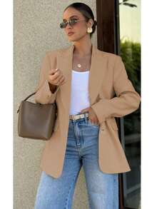 Women's Fashionable & Elegant Casual Blazer Jacket With Button Closure And Notched Lapel, Suitable For Commuting And Everyday Casual Wear - Khaki - View 5