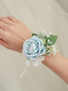 1/6 bó hoa hồng trang nhã kèm lá xanh giả, thích hợp cho chú rể, cô dâu, phù rể, phù dâu, đám cưới, lễ đính hôn, tiệc tùng, tiệc chiêu đãi. - Màu xanh nhạt - Xem 2