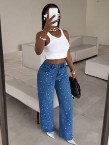 Quần jeans nữ ống đứng cạp trung bình với chi tiết ngọc trai giả - Màu nhuộm cổ điển, túi tiện dụng, dáng ôm, quần jeans thường ngày đa năng. - Rửa tối - Xem 3