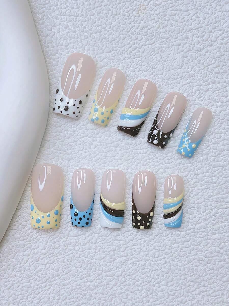 Bộ 10 miếng dán móng tay phong cách Y2K - Làm thủ công, móng trắng, móng vàng, móng kiểu Pháp vàng & xanh dương, họa tiết 3D nhiều màu sắc làm thủ công, móng kiểu Pháp chấm bi vẽ tay, móng bóng nhiều màu sắc, dụng cụ làm móng tinh tế và thanh lịch. - Nhiều màu - Xem 1