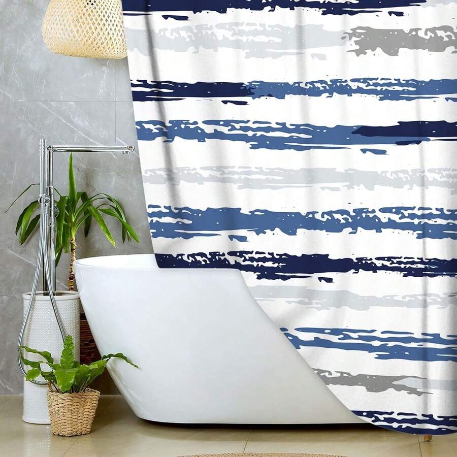 Abstract Shower Curtain Modern Shower Curtain Sets For Bathroom Gray Blue Aesthetic Stripe Pattern Contemporary Minimalist Painting Bathtub Curtains With Hooks, The Best Choice For Housewarming,Great Gift For Friends, Families Home Hotel Use - 藍色3 - 查看 1