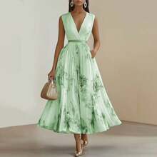 Women's Floral Print Maxi Dress Sleeveless Deep V Neck Pleated A Line Dress Elegant Evening Party Formal Wedding Guest Dresses - 藍色 - 查看 7