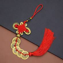 中国结吊坠，饰以吉祥铜钱、风水铜钱、清代吉祥铜钱，流苏吊坠，适用于家居、办公室、情人节、春节、复活节派对装饰 - 紅色 - 查看 5