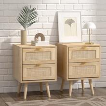 2PCS 2 Drawers Rattan Bedside Table Cabinet Bedroom Furniture Storage Nightstand - Natural Wood - View 1
