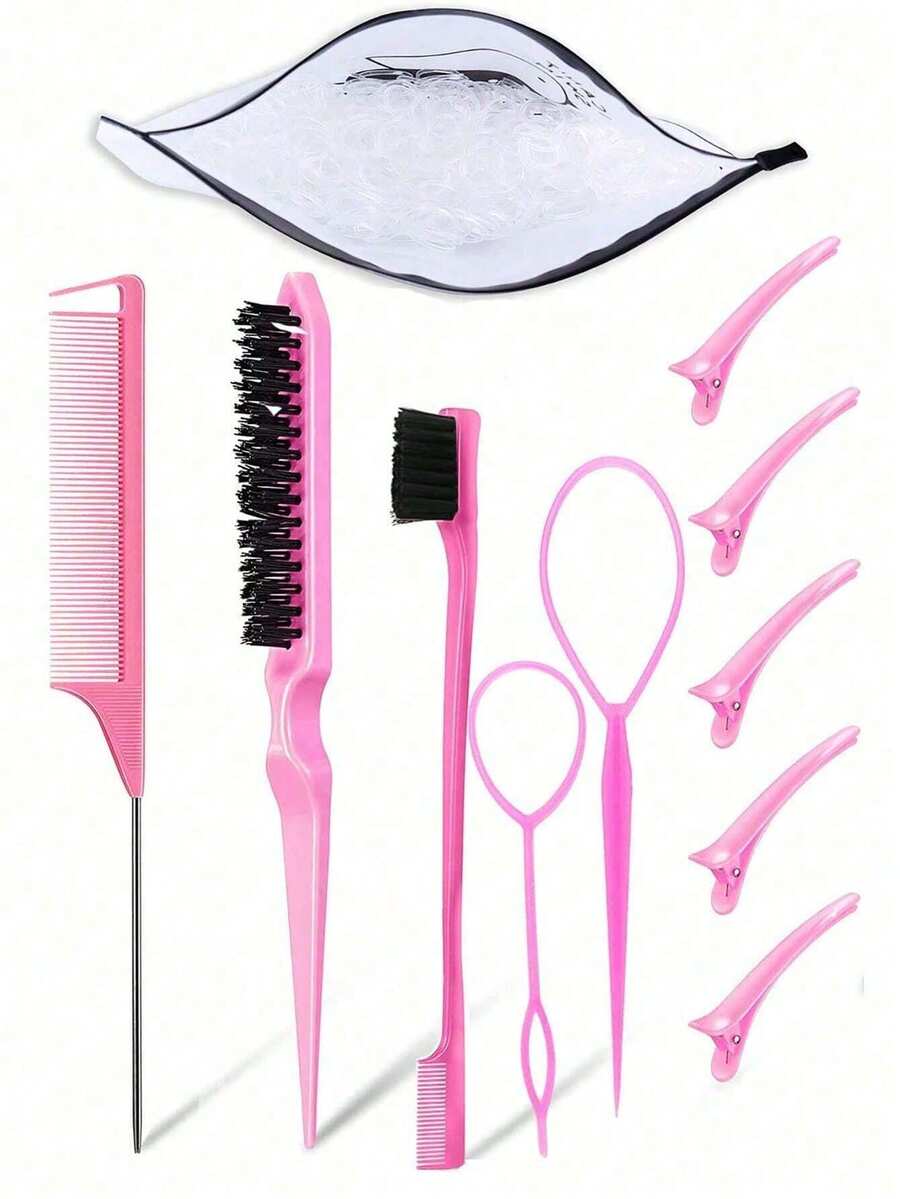 11件套美发工具套装，包括2个法式编发工具、1把尖尾梳、1把解结梳、1对发夹、5个鳄鱼夹和1包1000根橡皮筋（直径1.22厘米/0.48英寸）（1包1000根橡皮筋可单独购买） - 彩色 - 查看 1