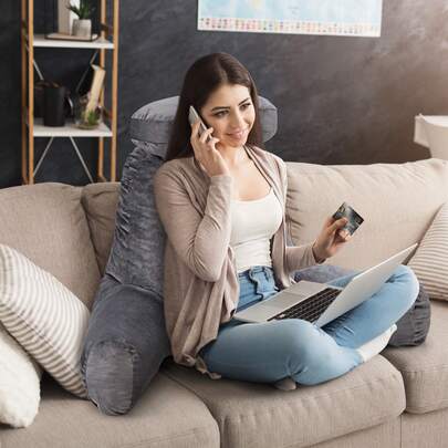  COSTWAY Big Bed Rest Pillow, Reading Pillow With Support Arms, Plush Memory Sponge Fill, Detachable Neck Roll &Covers, Convenient Side Pockets, Perfect For Back Support While Relaxing, Gaming, Reading, Grey