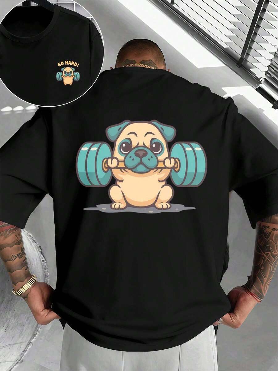 Camiseta de entrenamiento divertida de pug con motivo de levantamiento de pesas, material premium, ajuste cómodo, transpirable, estilo hip-hop callejero, impresión artística, nuevo lanzamiento, impresa en ambos lados. - Negro - Ver 1