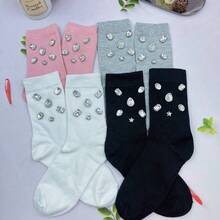 1/2/3/4 Pairs Women Solid Color Rhinestone Decorated Mid-Calf Socks, Sparkling Rhinestone Decorated Socks - Comfortable, Fashionable, Soft, Stretchy, Suitable For All Seasons, Perfect For Women's Daily Wear, Dates, Parties, And An Ideal Gift For Women, Christmas, Valentine's Day, Mother's Day - Multicolor - View 3