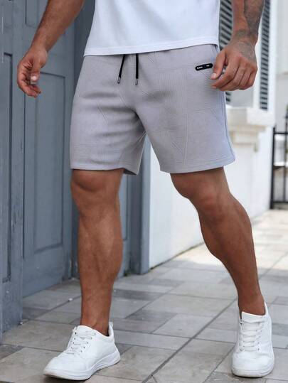男士纯色提花纹理面料抽绳短裤，带口袋，夏季休闲百慕大短裤，男士街头风短裤，男士纹理短裤，适合日常穿着，2000年代风格