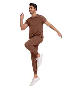 Conjunto de ropa de trabajo médica para hombres, uniforme de dentista/enfermero, top de cuello en V de manga corta, pantalones deportivos médicos, ropa de trabajo de enfermería, ropa de trabajo de doctor - Marrón - Ver 7