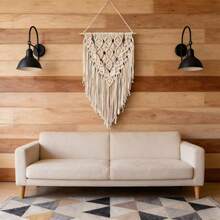 1pc Macrame Wall Hanging, Boho Style Wall Decor Tapestry, Handwoven Fringe Woven Wall Blanket Backdrop - Beige - View 4