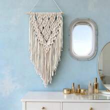 1pc Macrame Wall Hanging, Boho Style Wall Decor Tapestry, Handwoven Fringe Woven Wall Blanket Backdrop - Beige - View 7