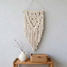 1pc Macrame Wall Hanging, Boho Style Wall Decor Tapestry, Handwoven Fringe Woven Wall Blanket Backdrop - Beige - View 9